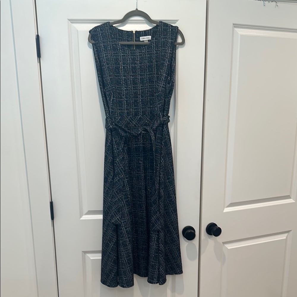 Calvin Klein Tweed Belted A-Line Sleeveless Dress - Navy Multicolored - Size 16